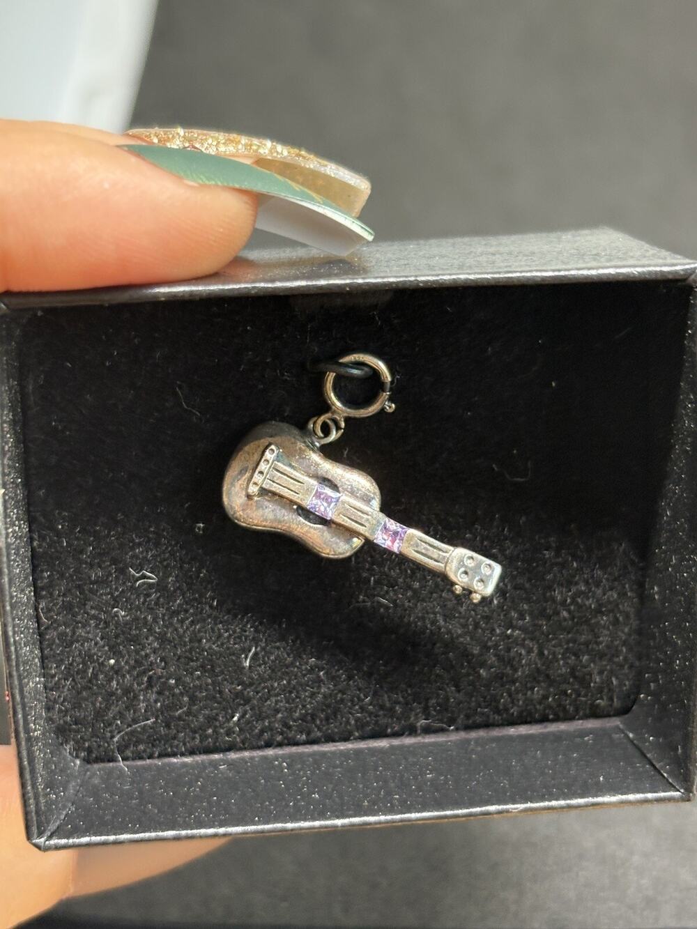 Vintage Sterling Silver 925 Amethyst Inlaid 3-D Guitar Bracelet Charm Pendant 1”